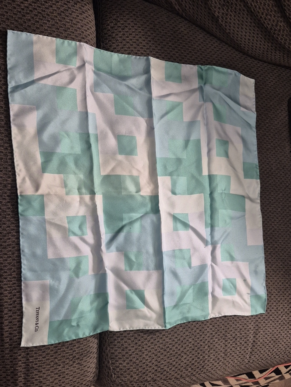 Tiffany & Co. Aqua and White Geometric Silk Square Scarf
